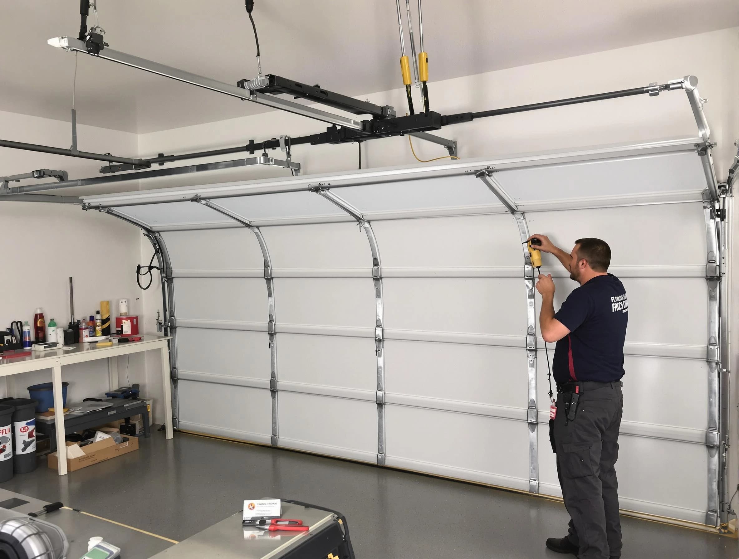 Marlborough Garage Door Repair certified technician performing overhead door system repair in Marlborough