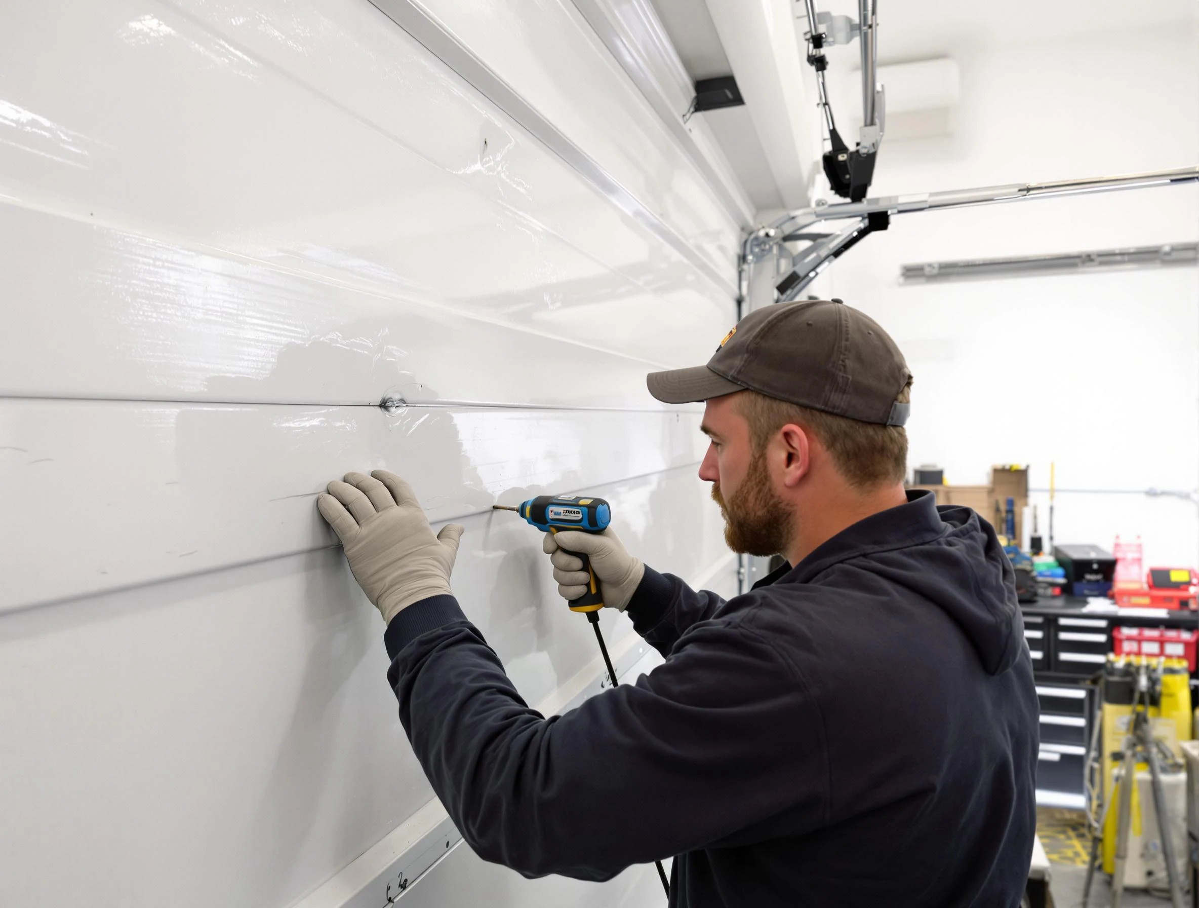 Marlborough Garage Door Repair technician demonstrating precision dent removal techniques on a Marlborough garage door